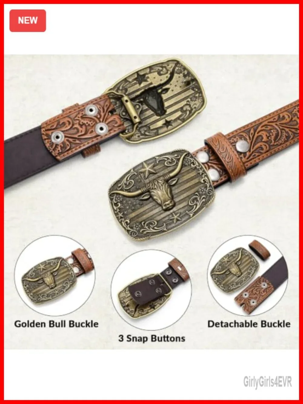 Embossed Leather Western Cowboy Belt with Longhorn Buckle